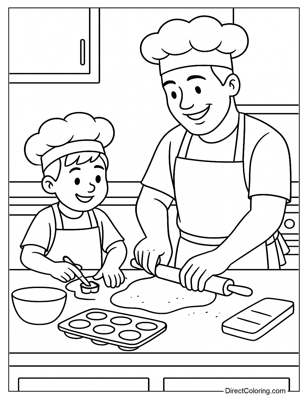coloring page of dad and child baking cookies in the kitchen, with dough, mold and oven